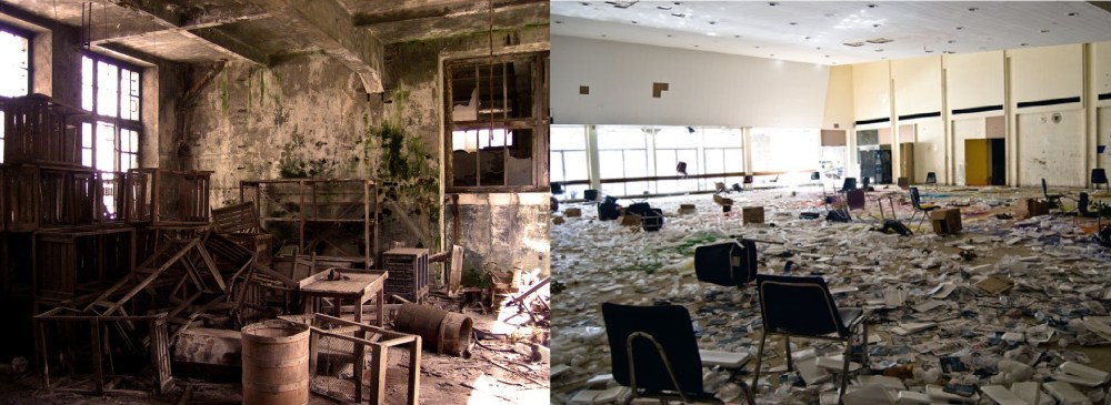 Interior edificios en Ferrol e Detroit.