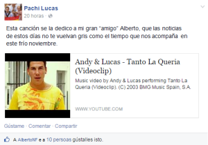 Dedicatoria de Pachi Lucas a Alberto Nuñez Feijóo na rede social Facebook.