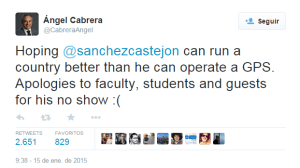 O presidente da George Mason University bromeaba en twitter acerca das capacidades de Pedro Sánchez.